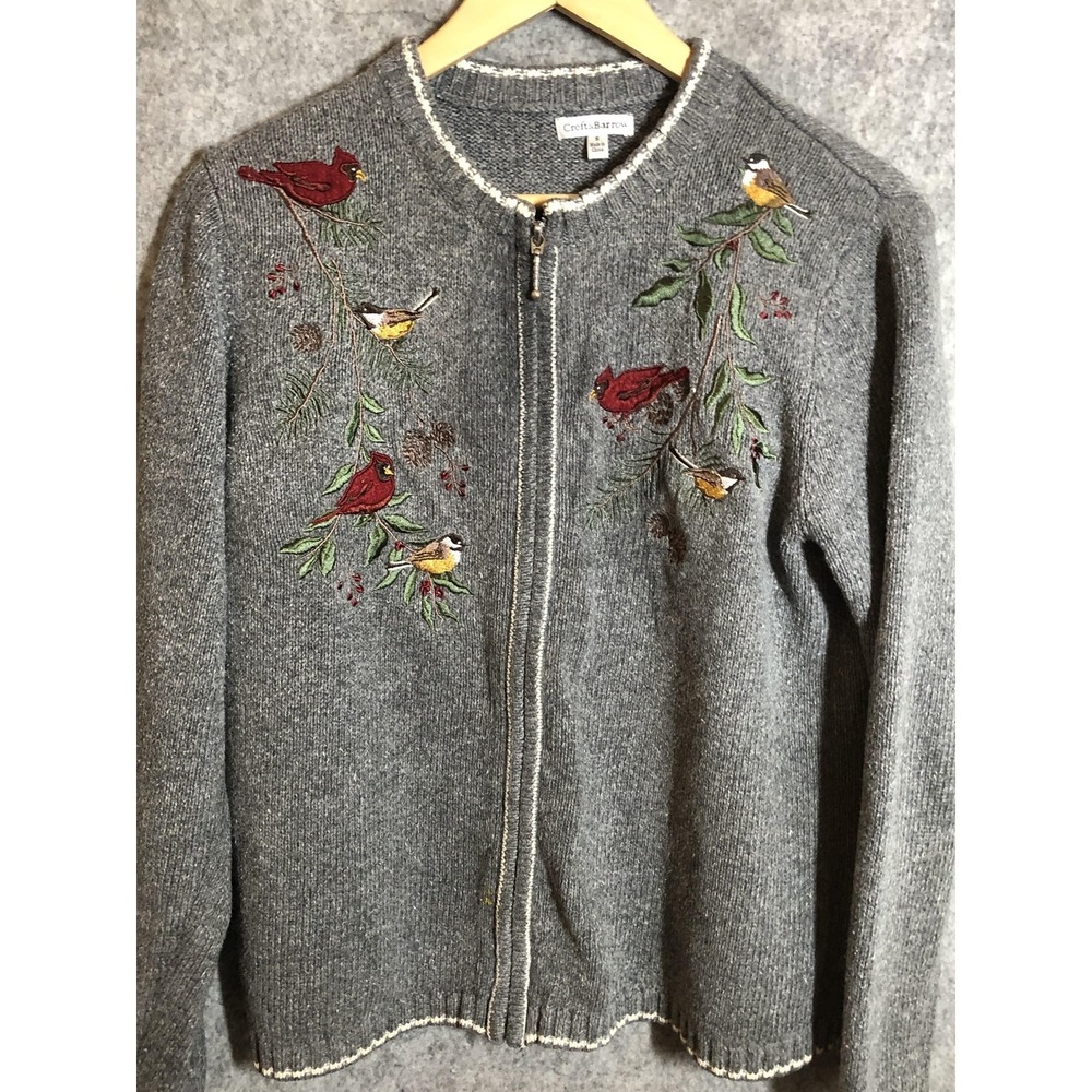 Croft & Barrow Sweater Womens Small Gray Zip Cardigan Bird Cardinal Embroidered